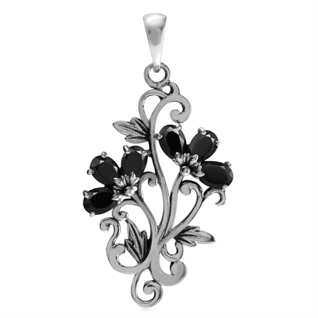 Natural 1.86 CTW Black Onyx 925 Sterling Silver Flower and Leaf Victorian Style Pendant
