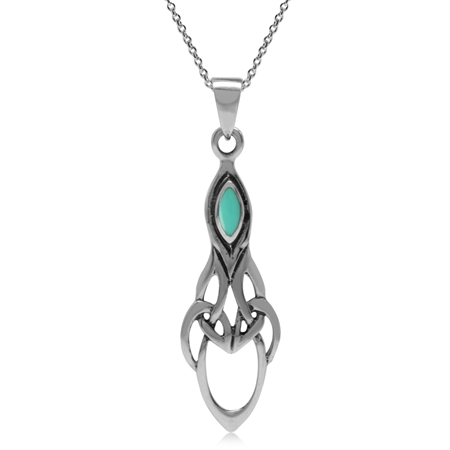 Created Green Turquoise 925 Sterling Silver Celtic Pendant w/ 18 Inch Chain Necklace