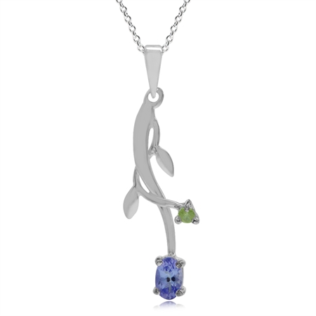 Genuine Tanzanite & Peridot 925 Sterling Silver Vine Leaf Pendant w/ 18 Inch Chain Necklace