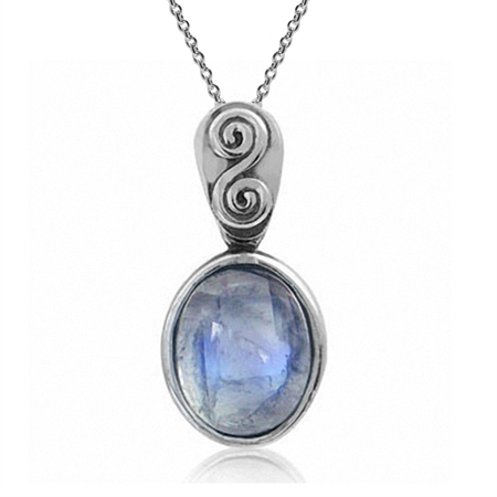 Natural Moonstone 925 Sterling Silver Swirl & Spiral Solitaire Pendant w/ 18 Inch Chain Necklace