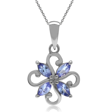 Genuine Tanzanite 925 Sterling Silver Victorian Style Flower Pendant w/ 18 Inch Chain Necklace