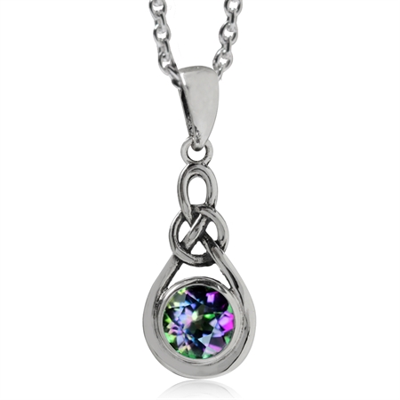 Mystic Fire Topaz 925 Sterling Silver Celtic Knot Drop Pendant w/ 18 Inch Chain Necklace