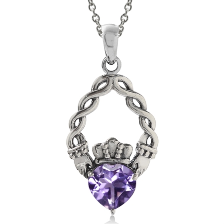 1.04ct. Natural Heart Shape Amethyst 925 Sterling Silver Claddagh Pendant w/ 18 Inch Chain Necklace