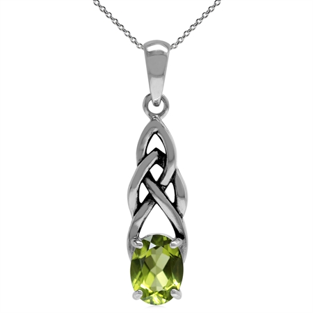 1.32ct. Natural Peridot 925 Sterling Silver Celtic Knot Solitaire Pendant w/ 18 Inch Chain Necklace