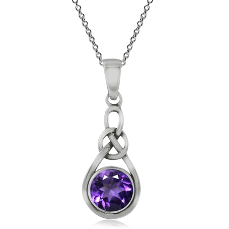 Genuine Amethyst 925 Sterling Silver Celtic Knot Pendant w/ 18" Chain Necklace
