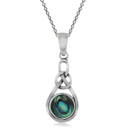 Abalone/Paua Shell Inlay 925 Sterling Silver Celtic Knot Solitaire Pendant w/ 18 Inch Chain Necklace