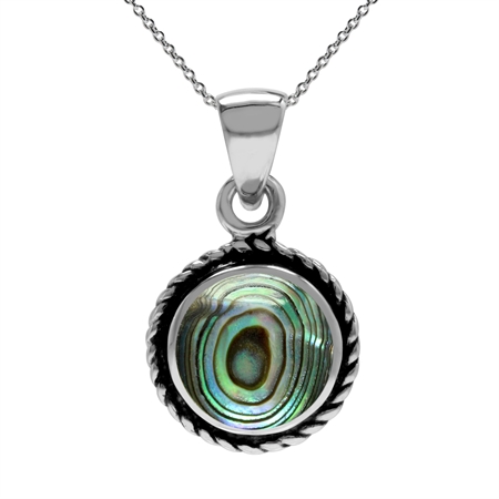 Abalone/Paua Shell Inlay 925 Sterling Silver Rope Solitaire Pendant w/ 18 Inch Chain Necklace