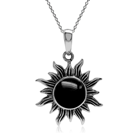Created Onyx 925 Sterling Silver Sun Ray Inspired Pendant w/ 18" Chain Necklace