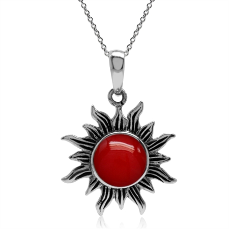 Created Red Coral 925 Sterling Silver Sun Ray Inspired Pendant w/ 18 Inch Chain Necklace