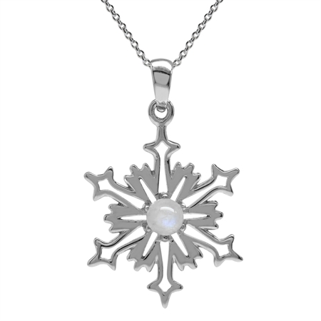Natural Moonstone White Gold Plated 925 Sterling Silver Snowflake Pendant w/ 18 Inch Chain Necklace