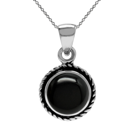Created Black Onyx 925 Sterling Silver Rope Solitaire Pendant w/ 18 Inch Chain Necklace