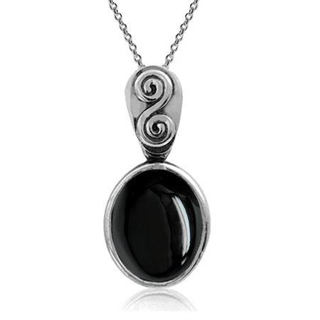 Created Black Onyx 925 Sterling Silver Swirl & Spiral Solitaire Pendant w/ 18 Inch Chain Necklace