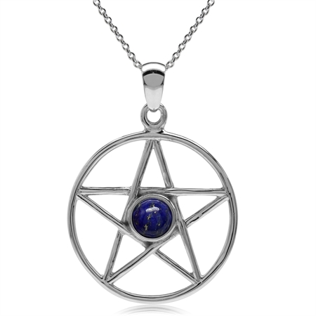 Genuine Lapis 925 Sterling Silver Wiccan Pentagram Star Pendant w/ 18 Inch Chain Necklace