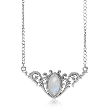 Natural Moonstone 925 Sterling Silver Baroque Inspired Pendant w/ 16-18" Adjustable Chain Necklace