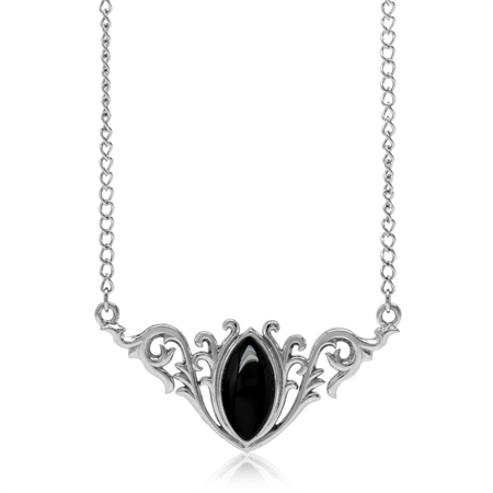 Created Black Onyx 925 Sterling Silver Baroque Inspired Pendant w/ 16-18" Adjustable Chain Necklace