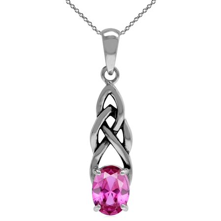 Created Pink Tourmaline 925 Sterling Silver Celtic Knot Pendant with 18 Inch Chain Necklace
