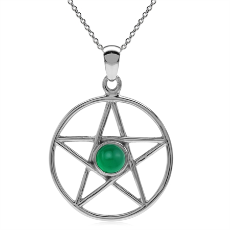 Green Onyx 925 Sterling Silver Pentagram Star Wiccan Pendant with 18 Inch Chain