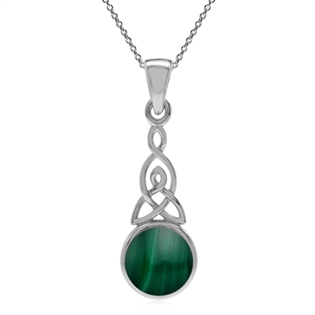 Created Malachite 925 Sterling Silver Triquetra Celtic Knot Pendant with 18 Inch Chain Necklace