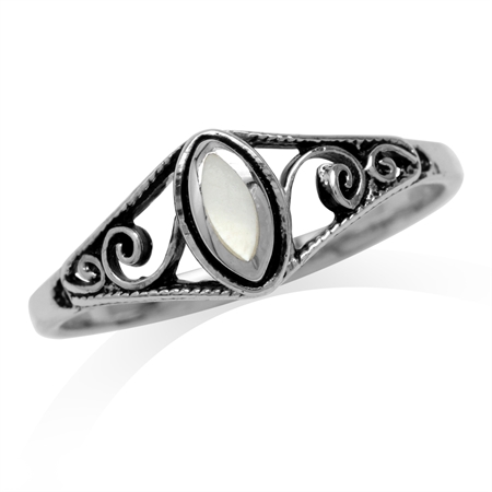 Petite White Mother Of Pearl Inlay 925 Sterling Silver Filigree Swirl & Spiral Style Ring