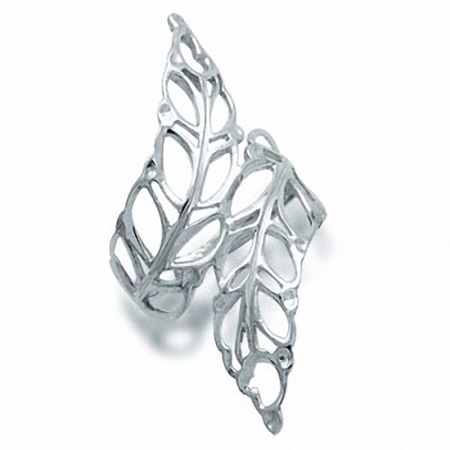 White Gold Plated 925 Sterling Silver Filigree Bypass Leaf Wide Ring