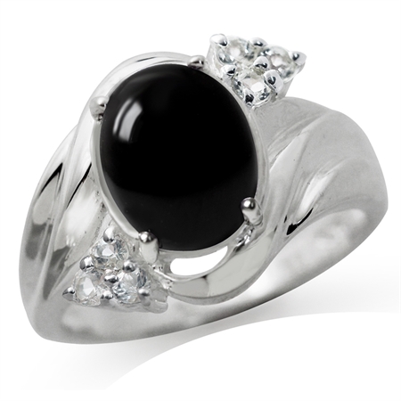 Created Black Onyx & White Topaz 925 Sterling Silver Glamorous Ring