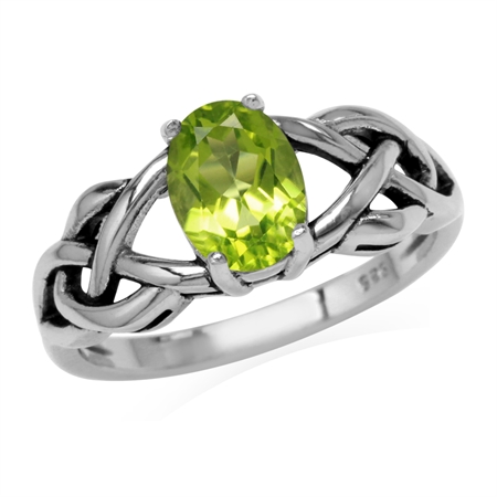 1.32ct. 8x6MM Natural Oval Shape Peridot 925 Sterling Silver Celtic Knot Solitaire Ring