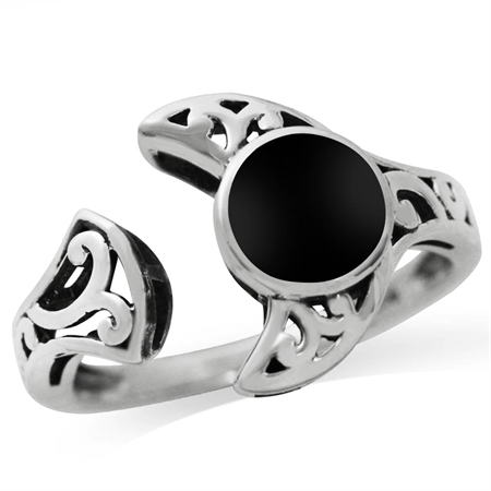 Created Black Onyx 925 Sterling Silver Filigree Moon Solitaire Adjustable Ring