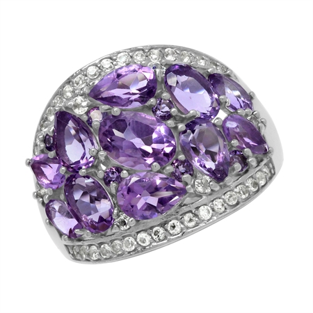 3.93ct. Natural Amethyst & White Topaz Gold Plated 925 Sterling Silver Cluster Cocktail Ring
