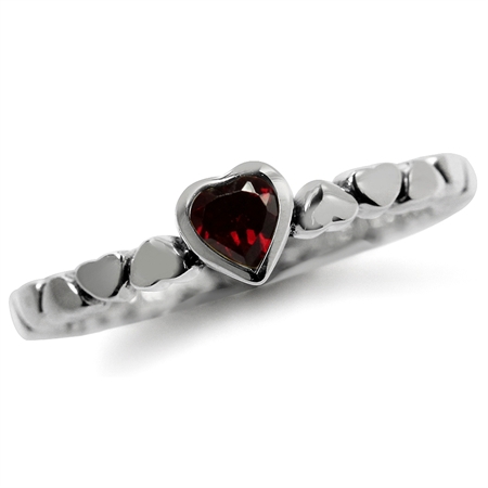 Natural Garnet 925 Sterling Silver Stack/Stackable Heart Solitaire Ring