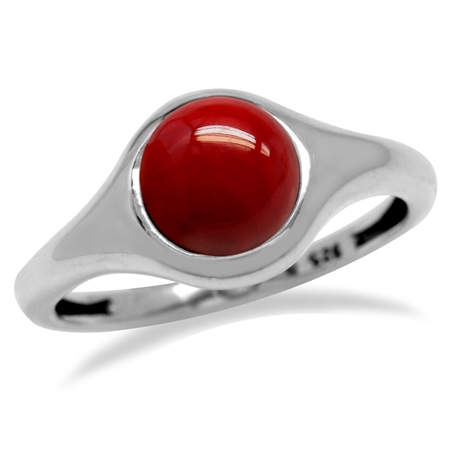 Created Red Coral White Gold Plated 925 Sterling Silver Solitaire Casual Ring