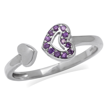 Amethyst Purple CZ White Gold Plated 925 Sterling Silver Heart Open Front Ring