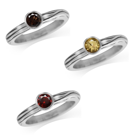 Natural Smoky Quartz, Citrine & Garnet 925 Sterling Silver 3-Pc Stack/Stackable Textured Band Ring