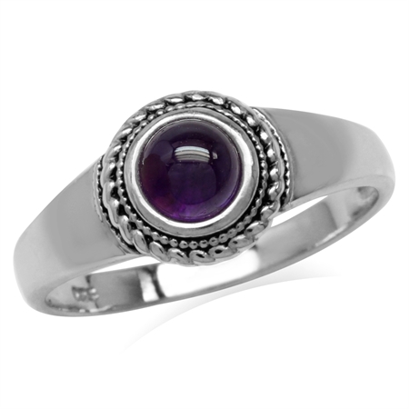 Cabochon Amethyst White Gold Plated 925 Sterling Silver Rope Solitaire Ring