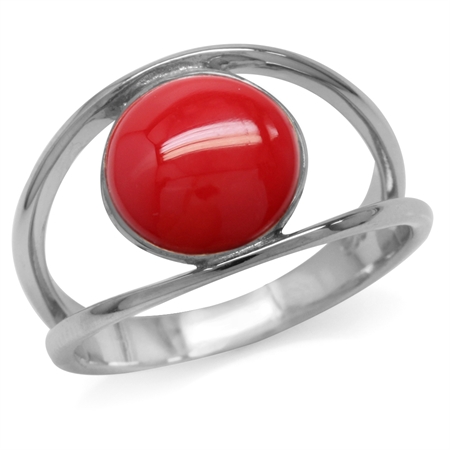 Created Red Coral White Gold Plated 925 Sterling Silver Solitaire Ring