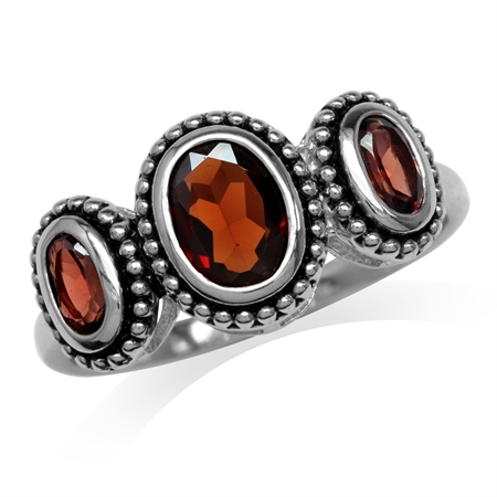 1.52ct. 3-Stone Natural Oval Shape Garnet 925 Sterling Silver Bali/Balinese Style Ring