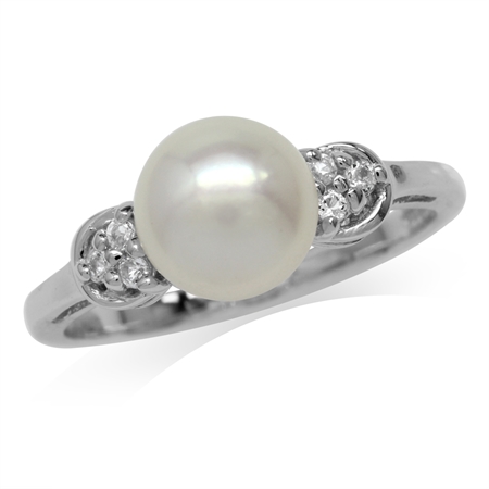 8MM Cultured Freshwater Pearl White Gold Plated 925 Sterling Silver Ring