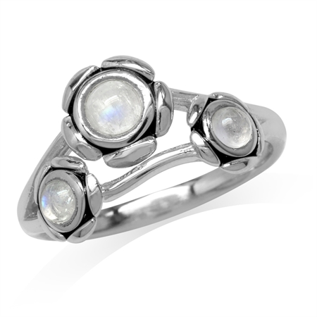 3-Stone Natural Moonstone 925 Sterling Silver Flower Ring