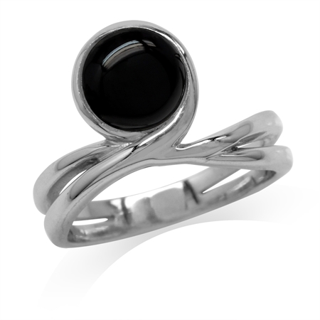 Created Black Onyx White Gold Plated 925 Sterling Silver Ribbon Ring