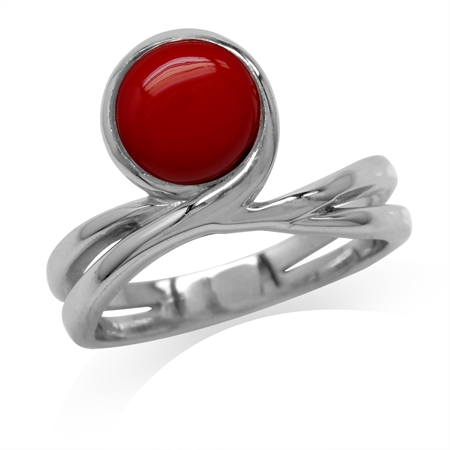 Created Red Coral White Gold Plated 925 Sterling Silver Ribbon Ring