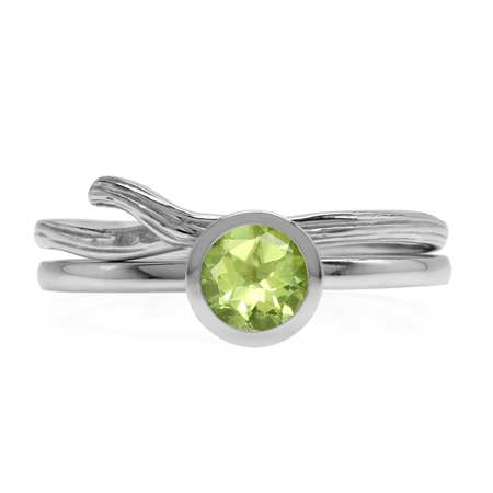 Set of 2 Natural Peridot White Gold Plated 925 Sterling Silver Bezel Set & Textured Band Ring