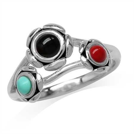 Created Black Onyx, Green Turquoise & Red Coral 925 Sterling Silver Flower Ring