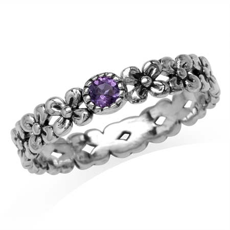 Petite Natural African Amethyst 925 Sterling Silver Flower Stack/Stackable Eternity Ring