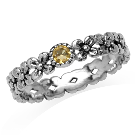 Petite Natural Citrine 925 Sterling Silver Flower Stack/Stackable Eternity Ring