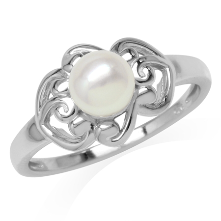 6MM Cultured Freshwater Pearl White Gold Plated 925 Sterling Silver Filigree Ring