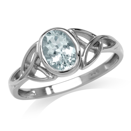 Genuine Blue Aquamarine White Gold Plated 925 Sterling Silver Triquetra Celtic Knot Ring