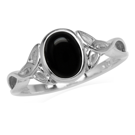 8x6MM Genuine Oval Shape Black Onyx White Gold Plated 925 Sterling Silver Triquetra Celtic Knot Ring