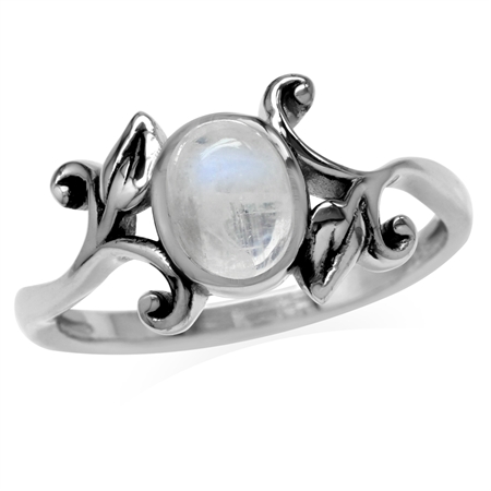 8x6MM Natural Oval Shape Moonstone 925 Sterling Silver Leaf Vintage Inspired Ring
