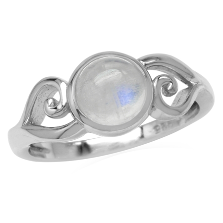 7MM Natural Round Shape Moonstone 925 Sterling Silver Swirl & Spiral Style Solitaire Ring