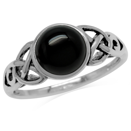 8MM Genuine Round Shape Black Onyx 925 Sterling Silver Triquetra Celtic Knot Solitaire Ring