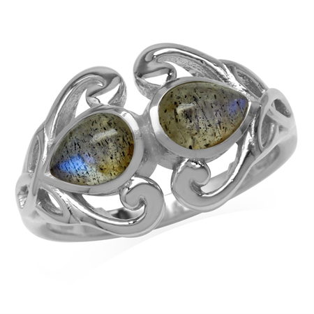 Pear Shape Labradorite White Gold Plated 925 Sterling Silver Triquetra Celtic Knot Heart Ring